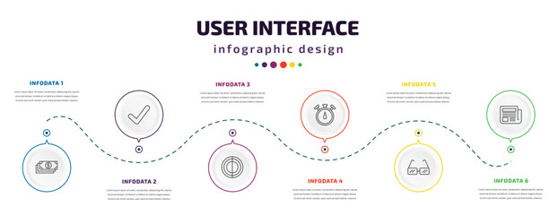 user interface infographic element with icons and 6 step or option. user interface icons such as dollar bills stack, tick mark, hue circle, stopwatches, square glasses, folded newspaper vector. can