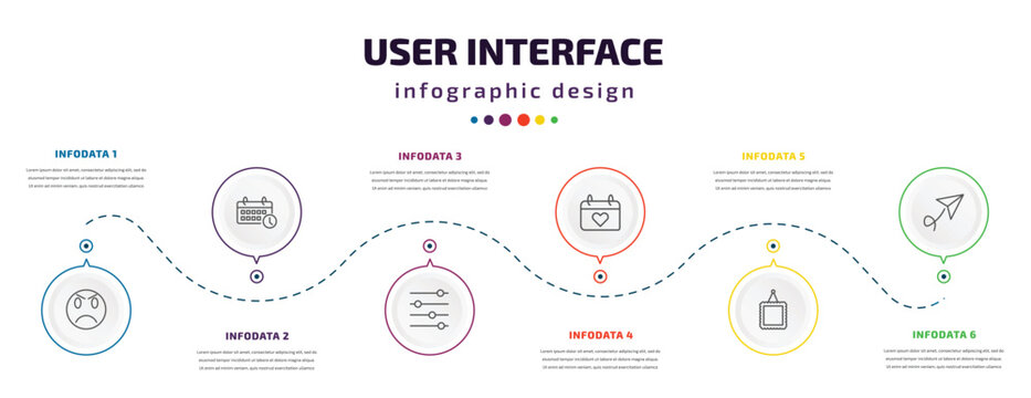 user interface infographic element with icons and 6 step or option. user interface icons such as angry smile, timetable, adjustment, heart on calendar, image with frame, paper plane flying vector.