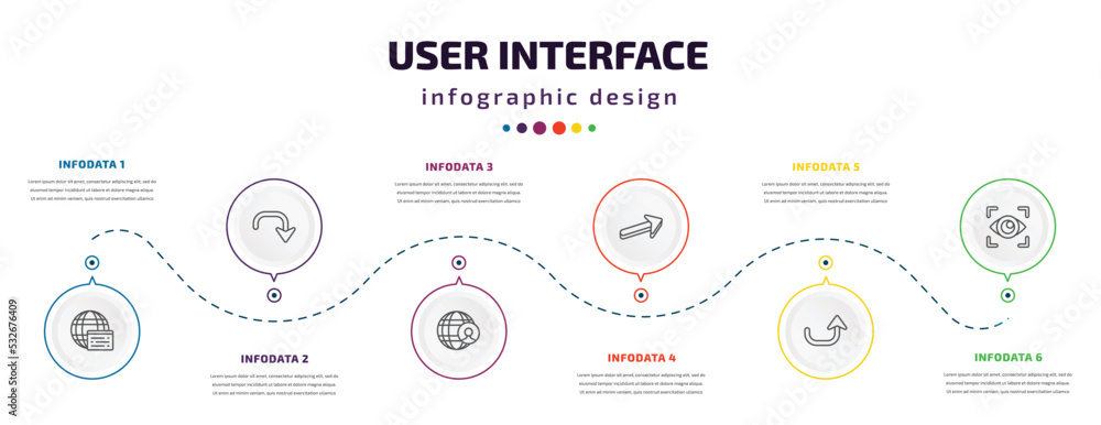 Poster user interface infographic element with icons and 6 step or option. user interface icons such as win