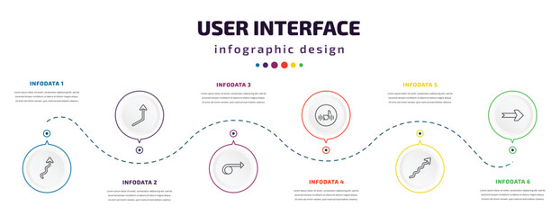 user interface infographic element with icons and 6 step or option. user interface icons such as arrow with scribble, right up arrow, right turn, musical, undulating arrow, curved right vector. can