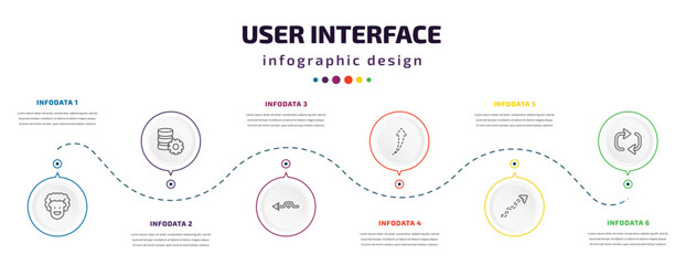 user interface infographic element with icons and 6 step or option. user interface icons such as emot, data analytics tings, detour, up broken line arrow, scribble broken line, looping arrows