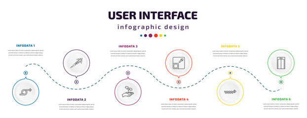 user interface infographic element with icons and 6 step or option. user interface icons such as right loop arrow, dotted up arrow, hand and sprout, size, scribble right arrow, lift vector. can be