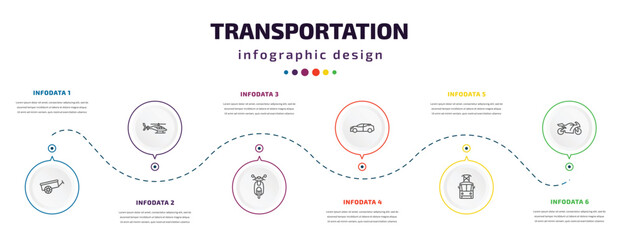 transportation infographic element with icons and 6 step or option. transportation icons such as oxcart, helicopter profile, scooter front view, hybrid car, tram front view, motorbike vector. can be