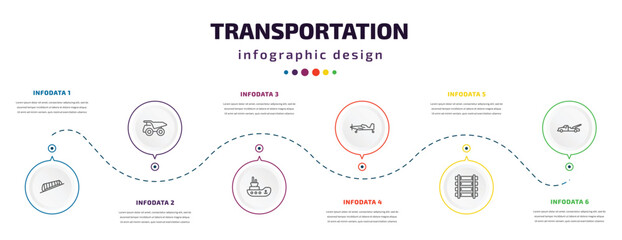 transportation infographic element with icons and 6 step or option. transportation icons such as funicular railway, haul, tugboat, crop duster, railway line, wrecker vector. can be used for banner,