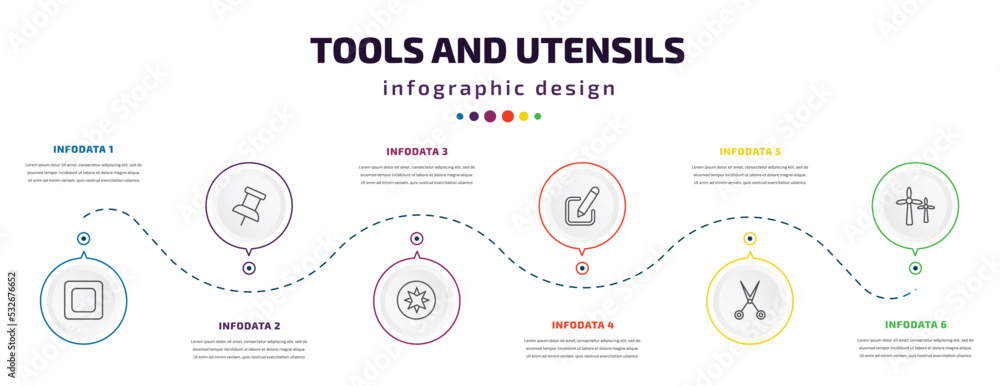 Poster tools and utensils infographic element with icons and 6 step or option. tools and utensils icons suc