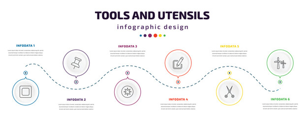 tools and utensils infographic element with icons and 6 step or option. tools and utensils icons such as basic square, school push pin, cardinal points, edit picture, open scissors, windmills
