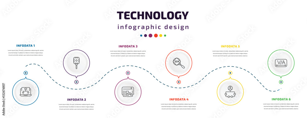 Poster technology infographic element with icons and 6 step or option. technology icons such as sitemaps, r