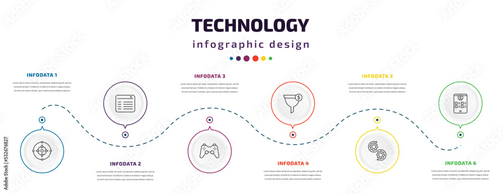 Poster technology infographic element with icons and 6 step or option. technology icons such as center focu