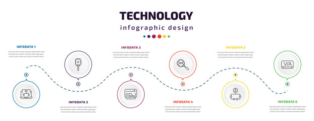 technology infographic element with icons and 6 step or option. technology icons such as sitemaps, retro microphone, user interface, search engine marketing, user flow, kerning vector. can be used