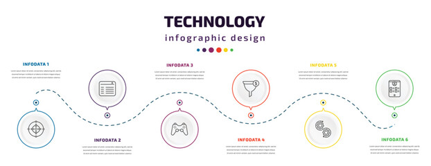 Fototapeta na wymiar technology infographic element with icons and 6 step or option. technology icons such as center focus, attributes, video game controller, conversion, devops, wireframe vector. can be used for