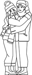 couple winter line pencil drawing vector. happy man woman, young romantic holiday, fun nature couple winter character. people Illustration