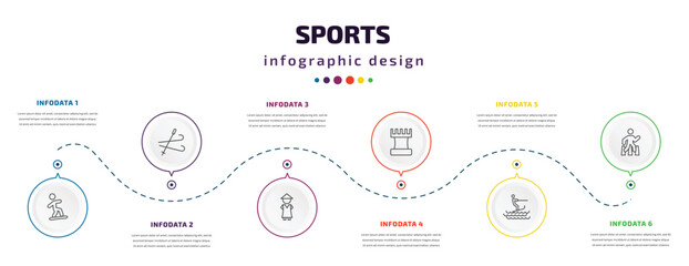 sports infographic element with icons and 6 step or option. sports icons such as snowboarding, ski, sesei, tower from a chess, surf sea, pedestrian walking vector. can be used for banner, info