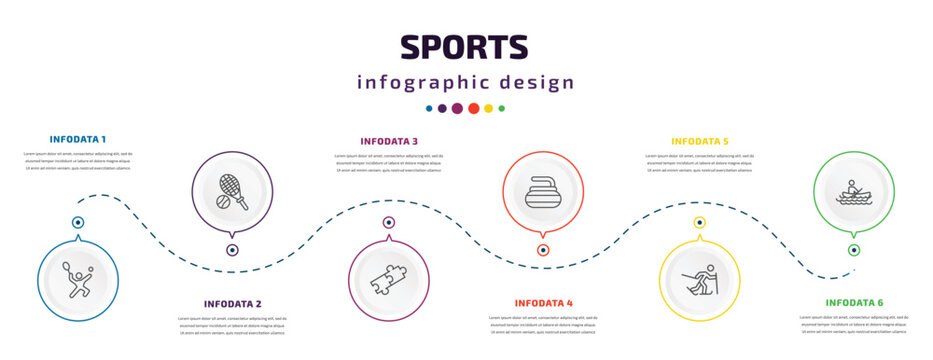 sports infographic element with icons and 6 step or option. sports icons such as man playing tennis, tennis, match, curling, skier skiing, man in canoe vector. can be used for banner, info graph,