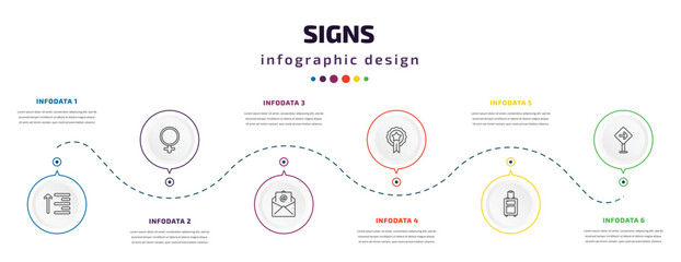 signs infographic element with icons and 6 step or option. signs icons such as align, female, mail, premium badge, suitcase, traffic vector. can be used for banner, info graph, web, presentations.