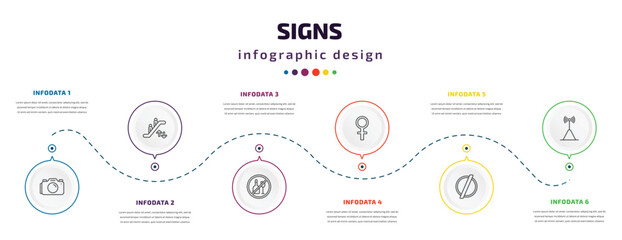 signs infographic element with icons and 6 step or option. signs icons such as camera, or, drink, femenine, empty, wireless receptor vector. can be used for banner, info graph, web, presentations.
