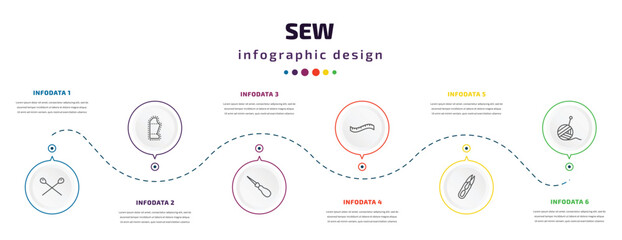 Fototapeta na wymiar sew infographic element with icons and 6 step or option. sew icons such as knitting neddles, sew pattern, awl, measuring tape, thread nippers, wool ball vector. can be used for banner, info graph,