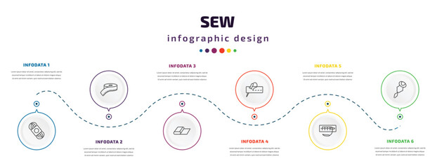 sew infographic element with icons and 6 step or option. sew icons such as wool, measuring, fabric, running stitch, suture, threader vector. can be used for banner, info graph, web, presentations.