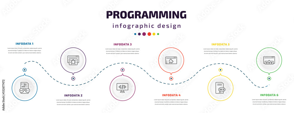 Poster programming infographic element with icons and 6 step or option. programming icons such as game deve