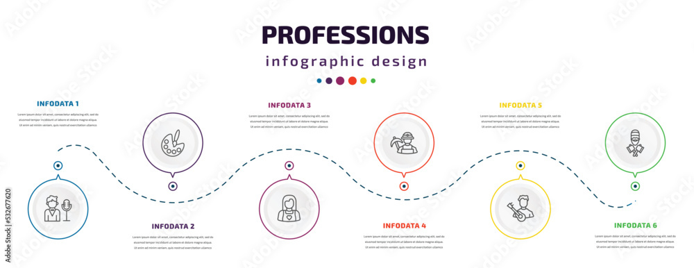 Poster professions infographic element with icons and 6 step or option. professions icons such as showman, 