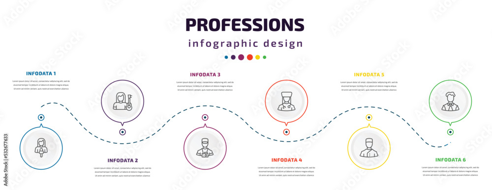 Poster professions infographic element with icons and 6 step or option. professions icons such as journalis