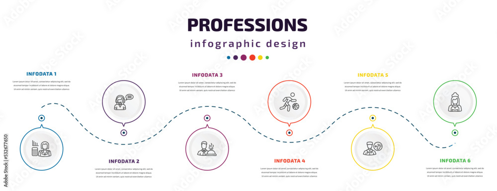 Poster professions infographic element with icons and 6 step or option. professions icons such as actuary, 