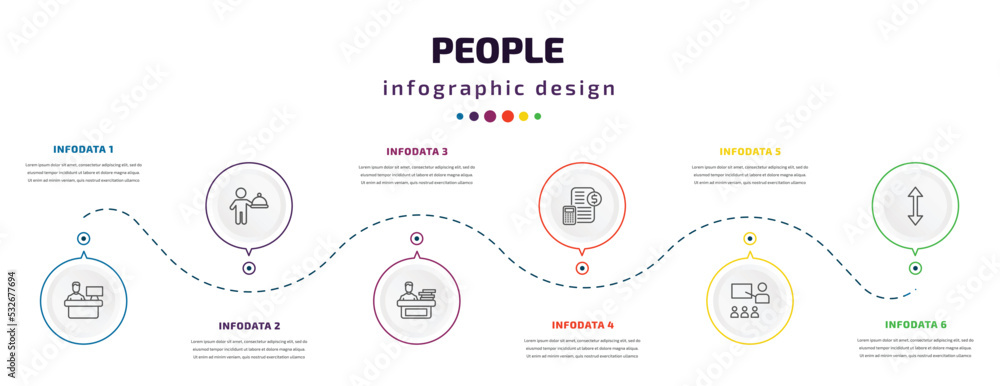 Poster people infographic element with icons and 6 step or option. people icons such as assembler, cooker w