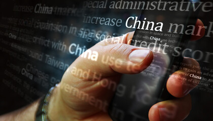 Obraz premium News titles on screen in hand with China 3d illustration