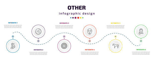 other infographic element with icons and 6 step or option. other icons such as labaratory, digital number 45, roulette table, scared smile, arab horse, woman with hijab vector. can be used for