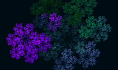 Fototapeta na wymiar Mesmerizing floral pattern of green violet digital flowers in deep dark space. Artistic 3d representation of color mix. Harmony and tension in hues. Great for design as graphic element, cover print.