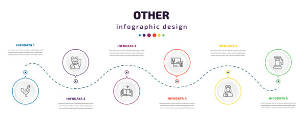 other infographic element with icons and 6 step or option. other icons such as chichen hen, japanese cat, speell book, hair cut business card, arab woman with hijab, fuel service vector. can be used