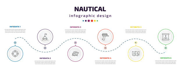 Fototapeta na wymiar nautical infographic element with icons and 6 step or option. nautical icons such as life preserver, buoy, cruise ship, boat engine, treasure map, sea package vector. can be used for banner, info