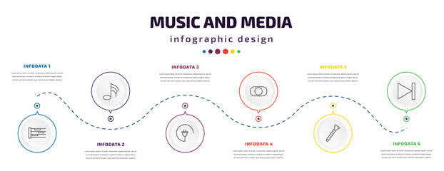 Fototapeta premium music and media infographic element with icons and 6 step or option. music and media icons such as whole rest, thirty second note, charging plug, rec, clarinet, skip vector. can be used for banner,
