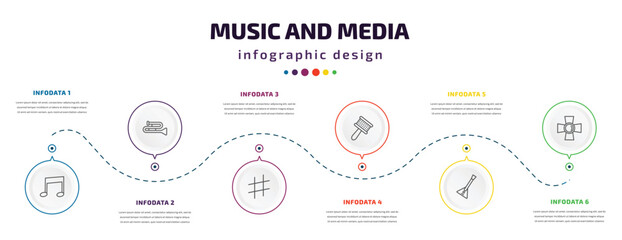 music and media infographic element with icons and 6 step or option. music and media icons such as beam, trombone, sharp, cabasa, balalaika, music spotlight vector. can be used for banner, info