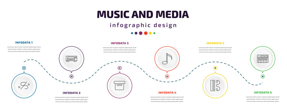 music and media infographic element with icons and 6 step or option. music and media icons such as segno, amplifier, image archive, semiquaver, alto clef, synthesizer vector. can be used for banner,