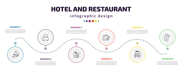 hotel and restaurant infographic element with icons and 6 step or option. hotel and restaurant icons such as restaurant tray, single bed, barbershop, left-luggage, rent a car, doorknob vector. can
