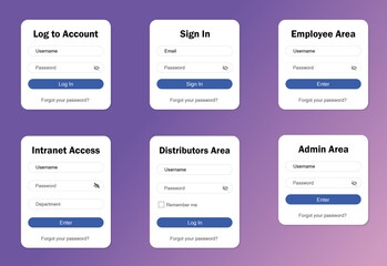 different sign in or login in boxes: customer area in two versions, employee area, intranet access, distributors area and admin area