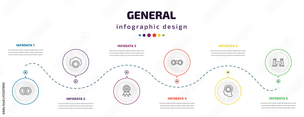Poster general infographic element with icons and 6 step or option. general icons such as interlocking ring