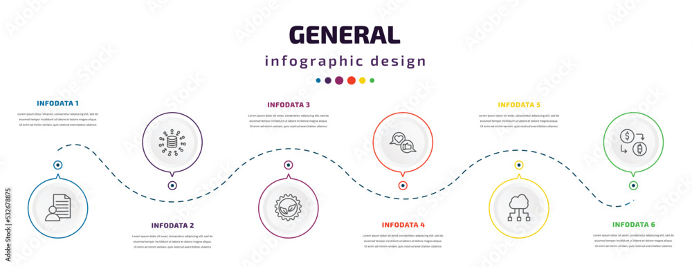 Poster general infographic element with icons and 6 step or option. general icons such as agent script, dat