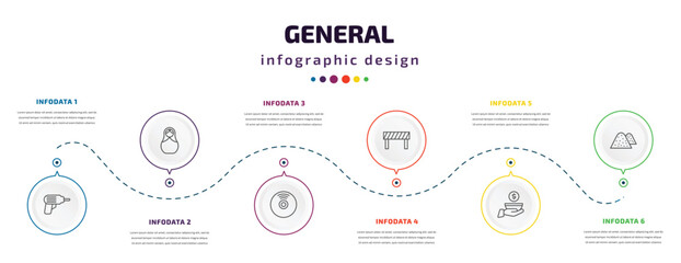 general infographic element with icons and 6 step or option. general icons such as perforator, matryoshka, cd record, traffic barriers, poor, sand vector. can be used for banner, info graph, web,