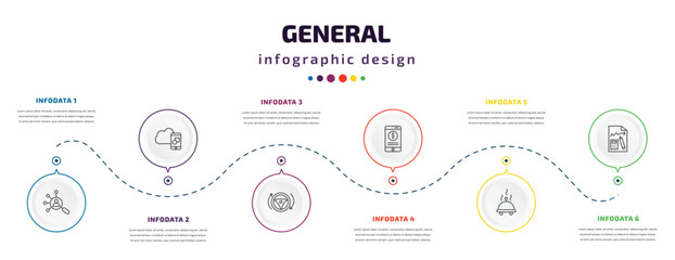 Fototapeta na wymiar general infographic element with icons and 6 step or option. general icons such as hr solutions, digital product, autopilot, digital banking, food delivery, ecommerce strategy vector. can be used