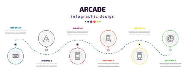 arcade infographic element with icons and 6 step or option. arcade icons such as gold ticket, party hat, arcade game, hine, roulette vector. can be used for banner, info graph, web, presentations.