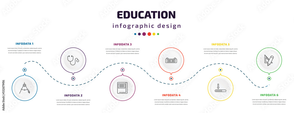 Poster education infographic element with icons and 6 step or option. education icons such as draw with com