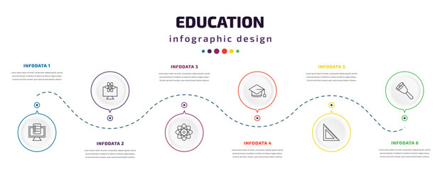 education infographic element with icons and 6 step or option. education icons such as online test, educational platform, atomic orbitals, graduating, square, hand bell vector. can be used for