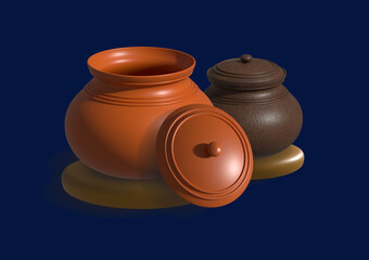 Clay pots and lids on soft pads on blue background