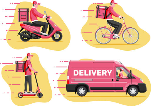 Delivery man on van, scooter, motorbike, bicycle.