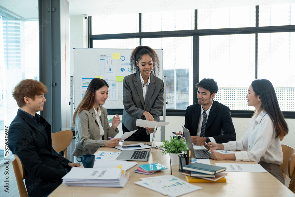 Poster diverse business people meeting new startup project pointing graph discussion and analysis data char