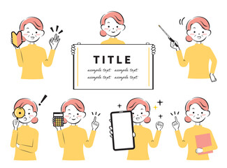 電卓や虫眼鏡等を持ったシニア女性のセット　3c