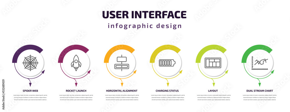 Poster user interface infographic template with icons and 6 step or option. user interface icons such as sp