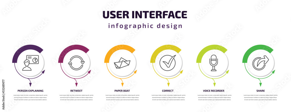 Poster user interface infographic template with icons and 6 step or option. user interface icons such as pe