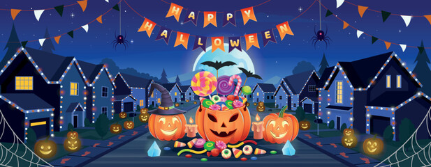 Halloween street houses. Suburban houses, street with cottages with garages decorated with garlands and pumpkins for halloween at night. Vector illustration.